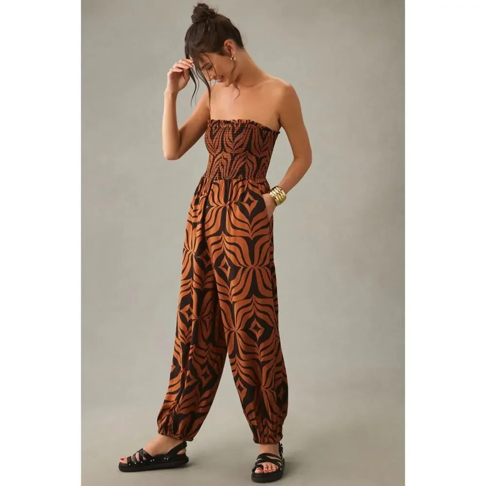 ANTHROPOLOGIE Women's Printed Balloon-Leg Jumpsuit Size SP In Dark Orange - Picture 1 of 13